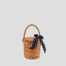 Handwoven Nature Straw Top Handle Bucket Bag with Polka Dot Bowknot