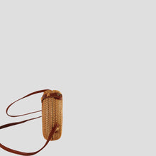 Straw Bag Handmade Wicker Woven Nature Round Rattan Crossbody Bag with PU Leather Detail