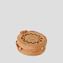 Handwoven Nature Rattan Round Shape Corss Body Bag with Geometric Detail