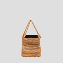 Handwoven Nature Rattan Box Top Handle Handbag with Drawstring