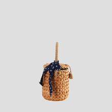 Handwoven Nature Straw Top Handle Bucket Bag with Polka Dot Bowknot