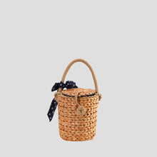 Handwoven Nature Straw Top Handle Bucket Bag with Polka Dot Bowknot