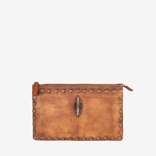 Leather Vintage-Dye Stud Genuine Leather Large Clutch