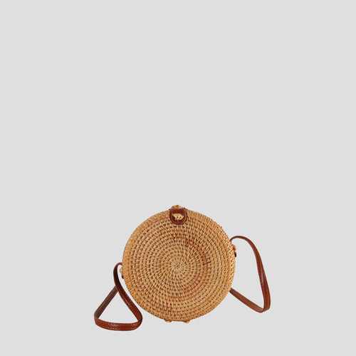 Straw Bag Handmade Wicker Woven Nature Round Rattan Crossbody Bag with PU Leather Detail