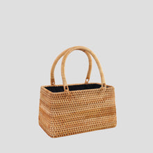 Handwoven Nature Rattan Box Top Handle Handbag with Drawstring