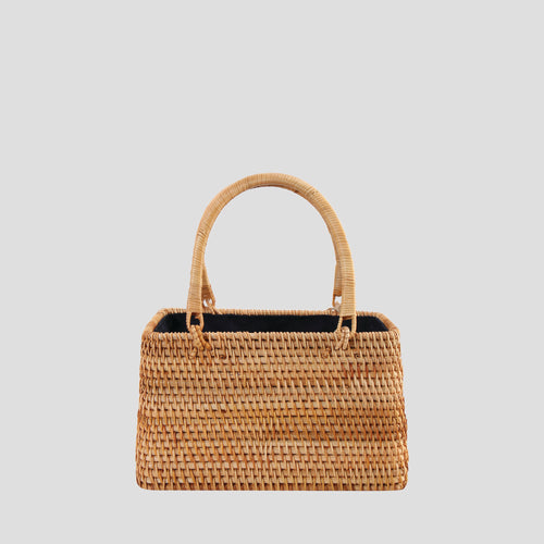Handwoven Nature Rattan Box Top Handle Handbag with Drawstring